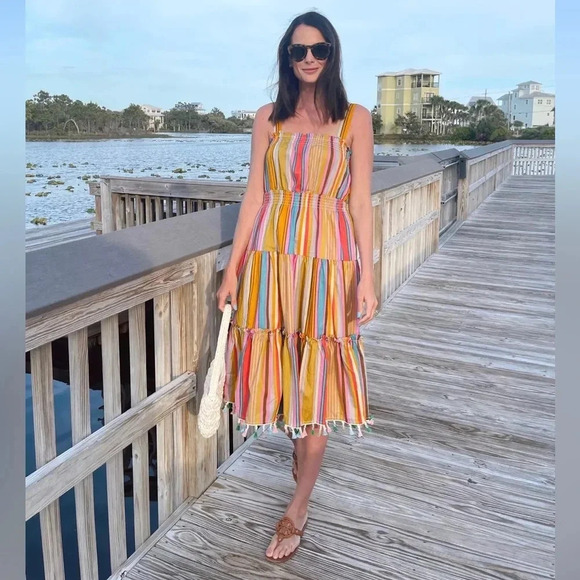 Tahari ASL Stripe Cotton Dress Smocked Tasseled-Hem Colorful Nidi Dress sz 14 - Picture 1 of 14